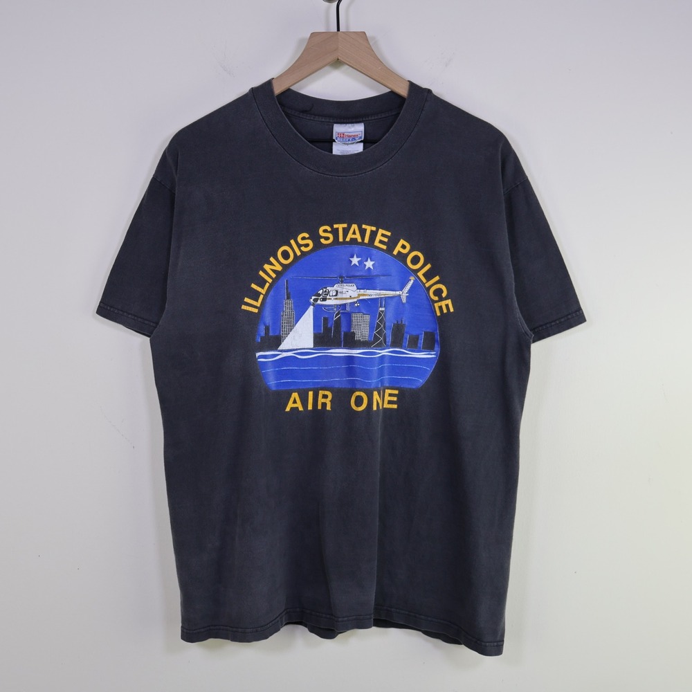 Vintage 90s Illinois State Police Air One T-Shirt L Black‎ Graphic Hanes Beefy